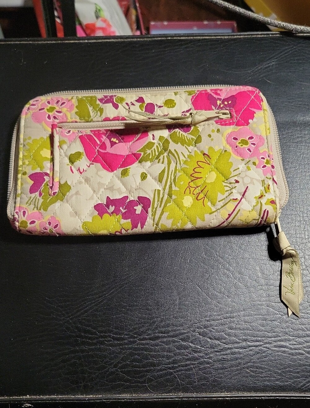 Vera Bradley Cream Quilted Wallet with Pink & Lime Floral Print